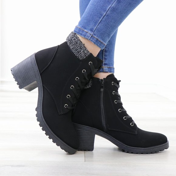 Nubuck Lug Chunky Heel Warm Lining Black Ankle Boots - Picture 2 of 12